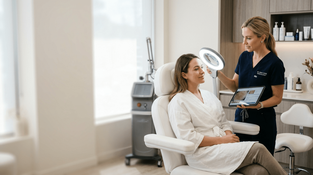 Consulta dermatológica para diagnóstico facial en clínica de medicina estética